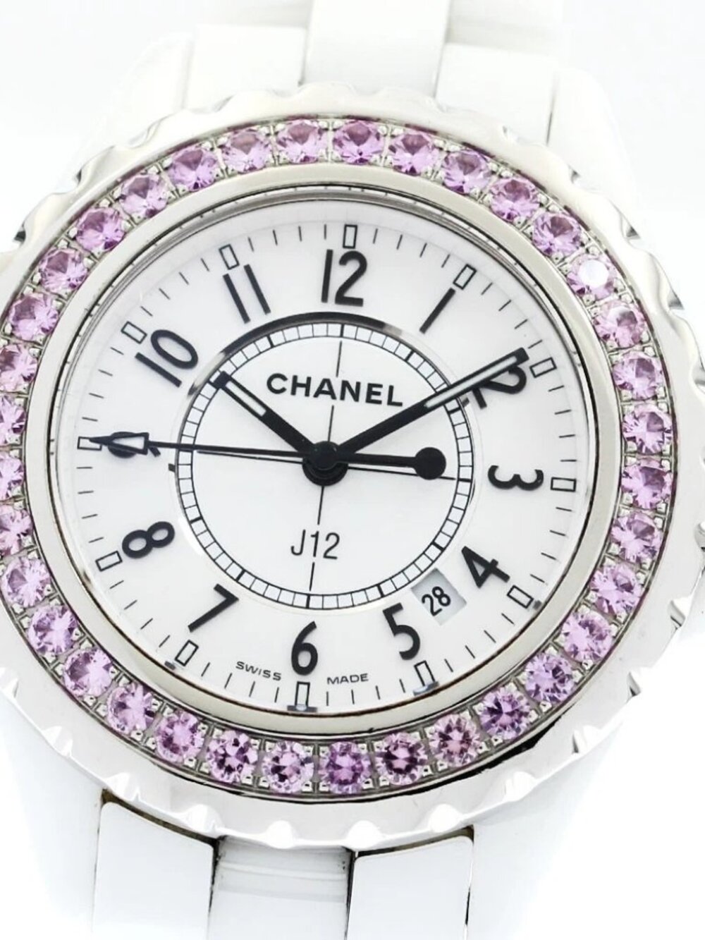 CHANEL J12 H1181 Pink Sapphire Bezel white Dial Quartz Ladies Watch_903320